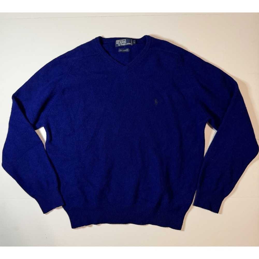 Vintage Polo Ralph Lauren Lambswool Vneck Sweater Size Large Blue